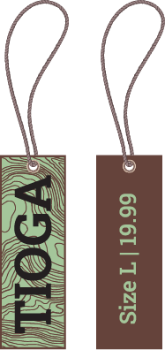 There are two rectangular tags in this image. Both of them have a hole 
			in them towards the top, as well as a piece of rope going through said
			hole. Unlike the previous tags, these ones are much skinnier. 
			
			The tag image on the left consists of Tioga's logo. 			
			
			The back side of the tag (Or the tag image located to the 
			 right of this image) reads: Size L | 19.99